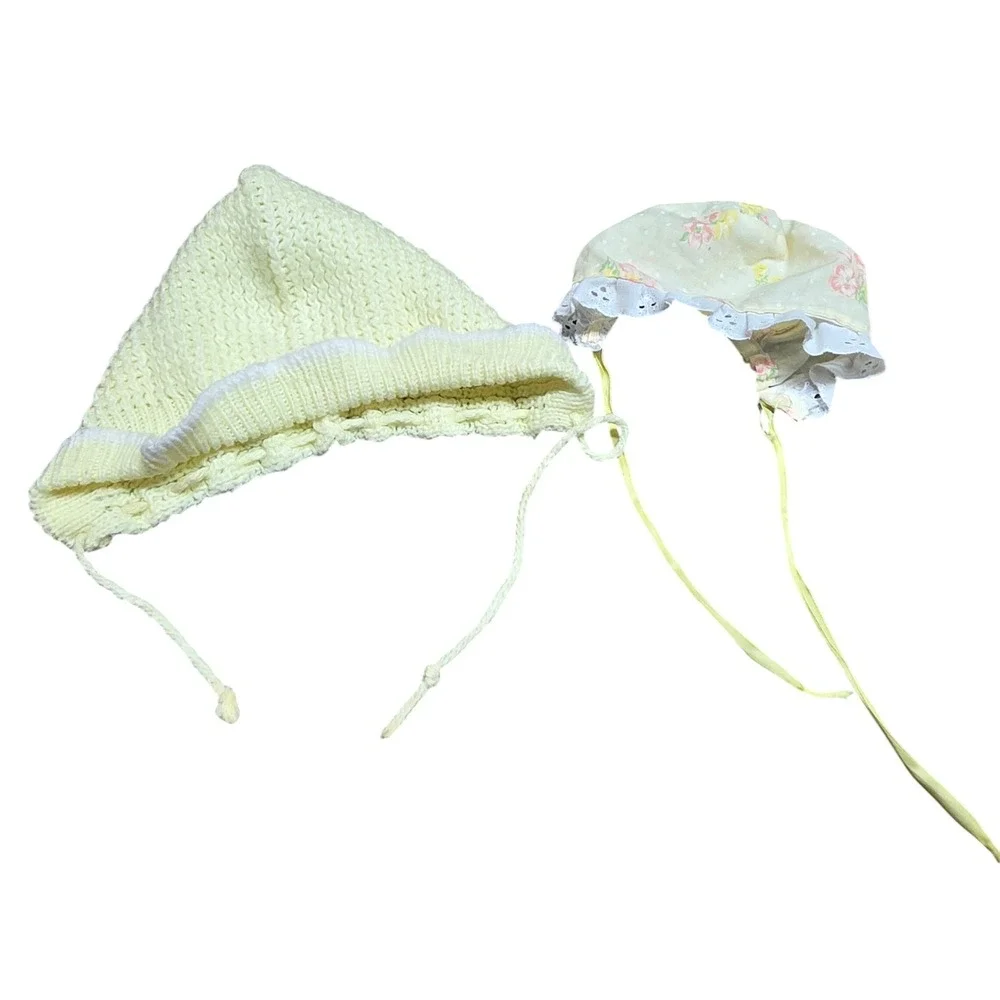 Vintage‎ Baby Bonnet Set 2pc Pale Yellow Knit Eyelet Floral Lace Trim Sun Hat
